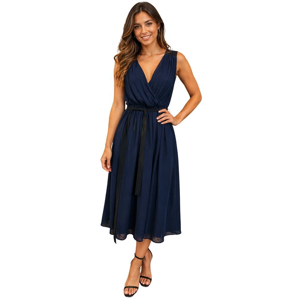 NWT M Modcloth fit flare chiffon lined black navy formal sleevless dress Long